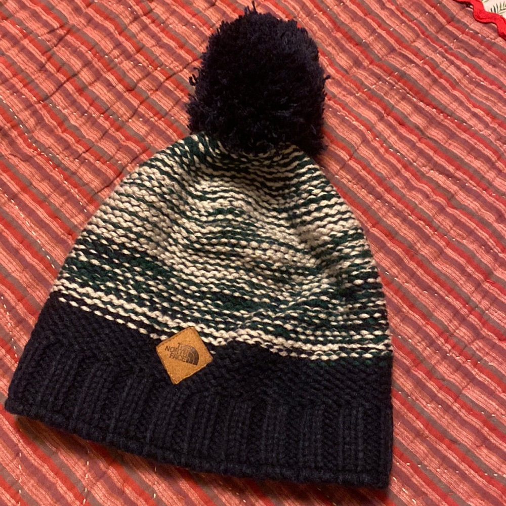 The North Face blue green knit pom pom cap toboggan hat